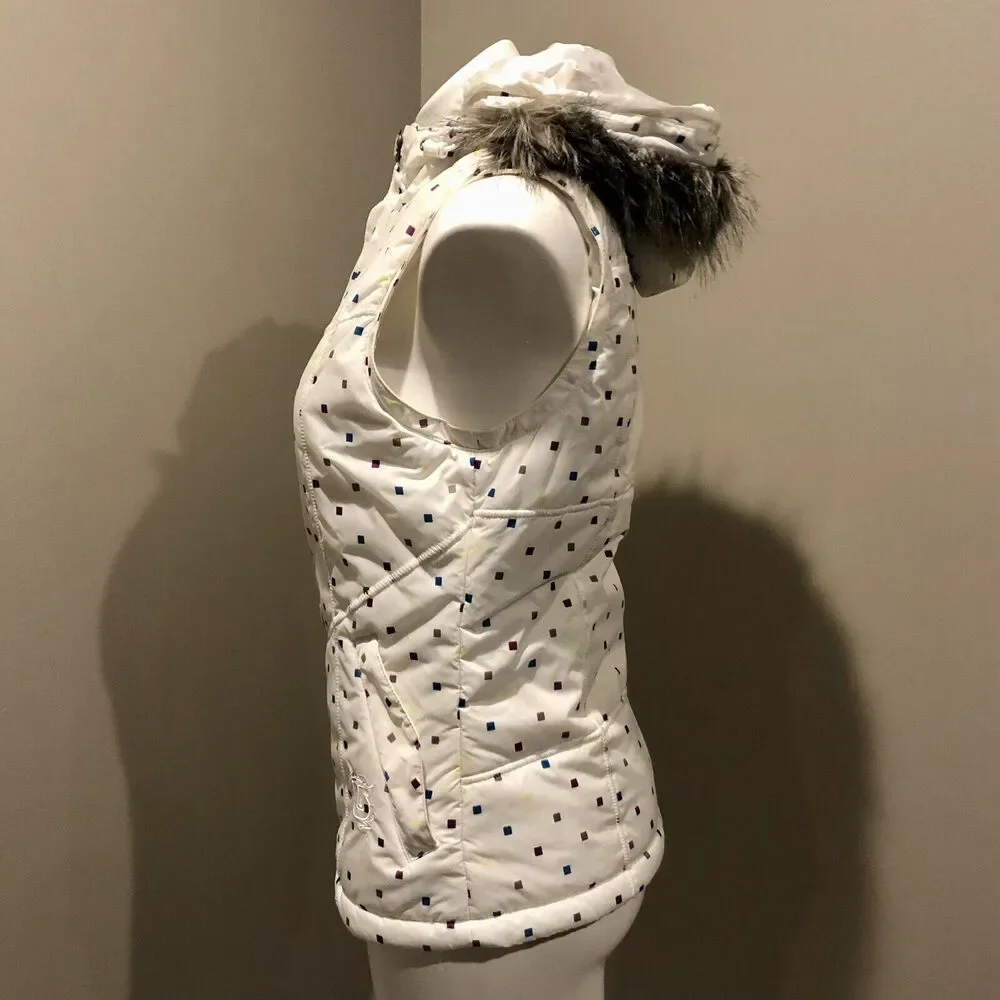 Burton Dryride Puffer Vest Small Cream Hooded Faux Fur Trim Zip Snap Pockets - Picture 5 of 12